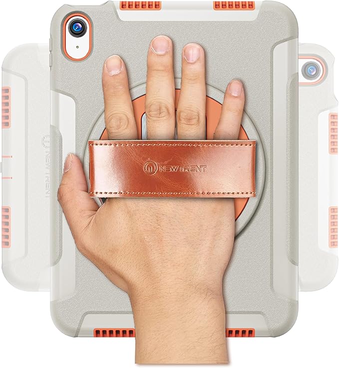 Original Rugged iPad Case for iPad 11 (A16) 11-inch (2025) & iPad 10th Gen 10.9-inch (2022) | 360° Rotating Kickstand, Genuine Leather Hand Strap, Built-in Screen Protector (Orange Grey)