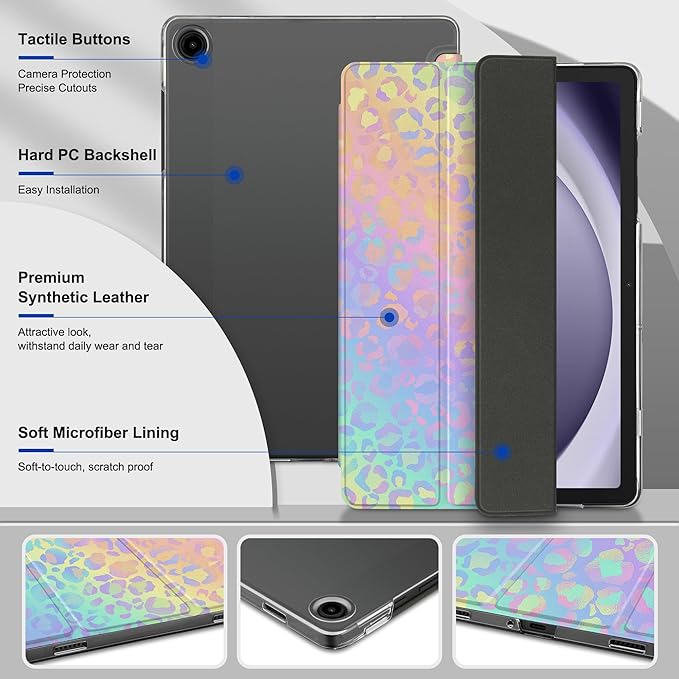 DONGKE Case for Samsung Galaxy Tab A9+/A9 Plus 11 inch 2024 2023 (SM-X210/X216/X218), Slim Stand Hard PC Translucent Back Shell Smart Cover, Auto Wake/Sleep - Colorful Leopard