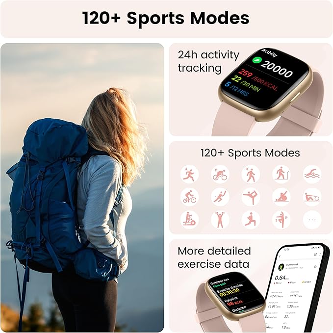 Smart Watch with Alexa Built-in, 1.83" HD Touchscreen Fitness Tracker with Bluetooth Calling, Fitness Watch with Heart Rate/Sleep Monitor/120+ Sports, IP68 Waterproof Smartwatch for Android iOS, Pink