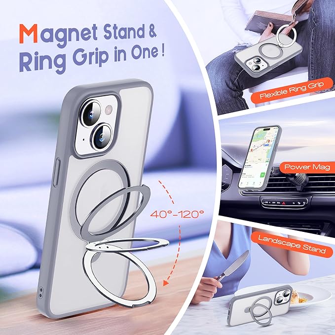 Designed for iPhone 16 Pro Max Case with Magnetic Ring Stand [Compatible with Mag-Safe] [Military Drop Protection] Shockproof Translucent Phone Cover 6.9" for Women Men,Grey