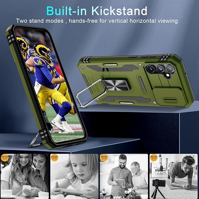 DEERLAMN Case for Samsung Galaxy S23 FE 6.4-Inch with Slide Camera Cover+Screen Protector(1 Pack),Rotated Ring Kickstand Military Grade Shockproof Protective Cover-Olive Green