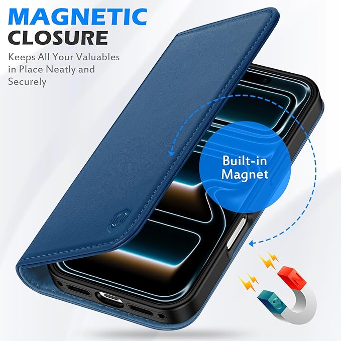SHIELDON Genuine Leather Wallet Case for iPhone 17 5G 6.3-inch 2025 | RFID Blocking Credit Card Holder | Foldable | Magnetic | Kickstand | Shockproof Cover for Men Women | Royal Blue