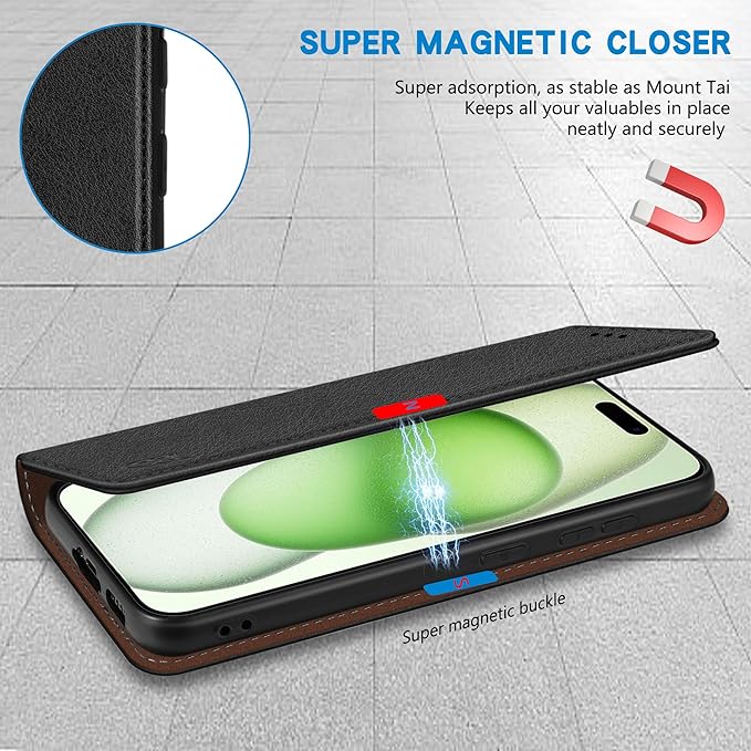 ZZXX for iPhone 15 Plus Wallet Case with [RFID Blocking] Card Slot Stand Strong Magnetic Leather Flip Fold Protective Phone Case for iPhone 15 Plus Case Wallet(Black-6.7 inch)