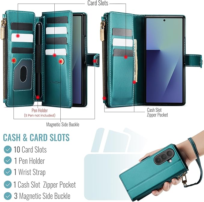 Vinich for Samsung Galaxy Z Fold 7 Wallet Case with Card Holder, Detachable Strap RFID Blocking Credit Slots Kickstand Shockproof Phone Cover for Women Men, Bluish Green
