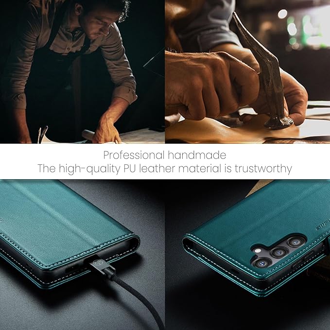 AUPAI for Samsung Galaxy S24 Wallet Case with Credit Card Holder, PU Leather RFID Blocking Folio Flip Kickstand Magnetic Clasp Protective Phone case for Women Men Cyan