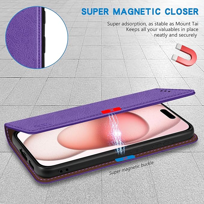 ZZXX for iPhone 15 Wallet Case with [RFID Blocking] Card Slot Stand Strong Magnetic Leather Flip Fold Protective Phone Case for iPhone 15 Case Wallet(Purple-6.1 inch)