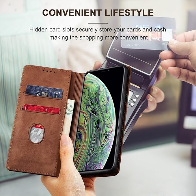 Jasonyu Flip Wallet Case for iPhone X/XS,Leather Magnetic Folio Cover with Card Holder,Kickstand - TPU Shockproof Durable Protective Phone Case,Brown