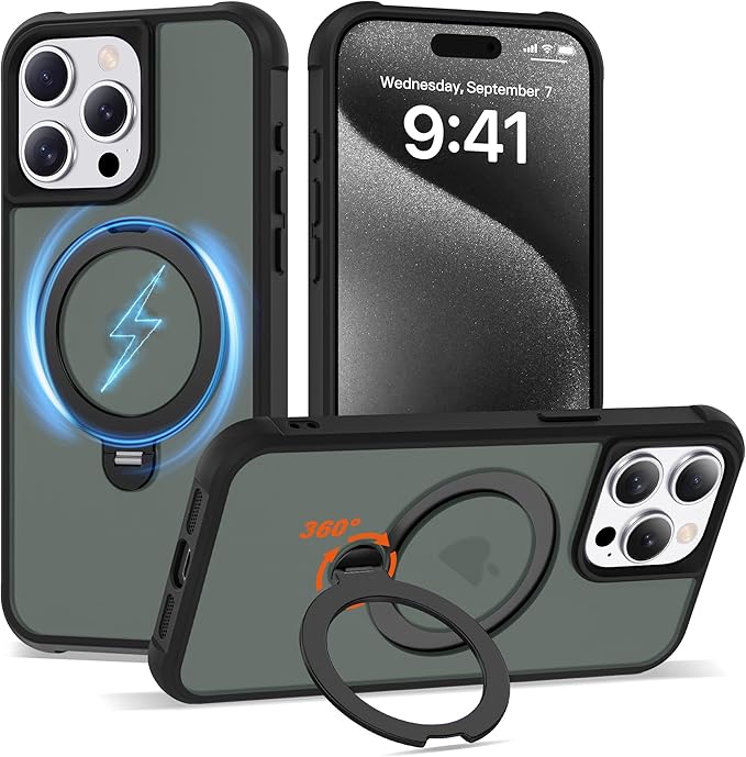 Compatible with iPhone 15 Pro Max Case with Invisible Magnetic 360°Spin Stand,Military-Grade Shockproof Protection [Compatible with Mag-Safe] Non-Slip Edge Translucent Case (6.7",Black)