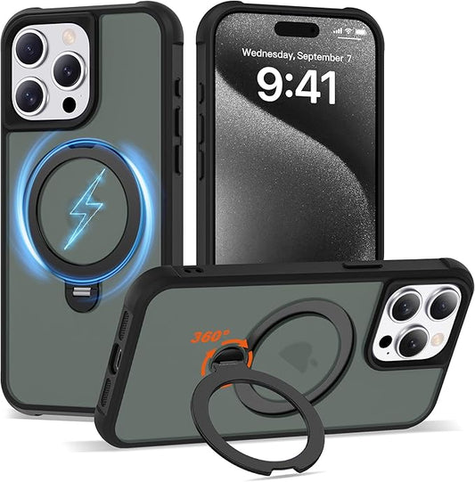 Compatible with iPhone 15 Pro Max Case with Invisible Magnetic 360°Spin Stand,Military-Grade Shockproof Protection [Compatible with Mag-Safe] Non-Slip Edge Translucent Case (6.7",Black)