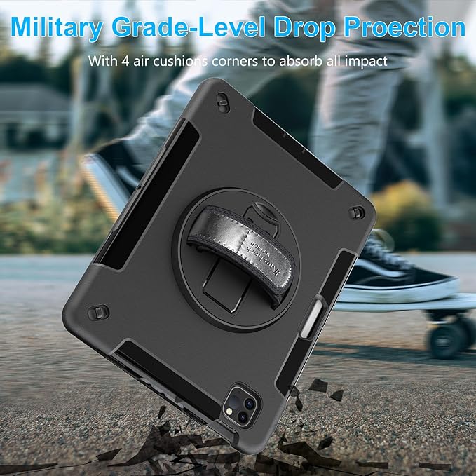 Case for iPad Pro 11 Inch 2022/2021/ 2020/2018: Cover for iPad 11 Inch 4th/ 3rd/ 2nd/ 1st Generation with Screen Protector- Stand- Handle- Shoulder Strap- Pencil Holder Black