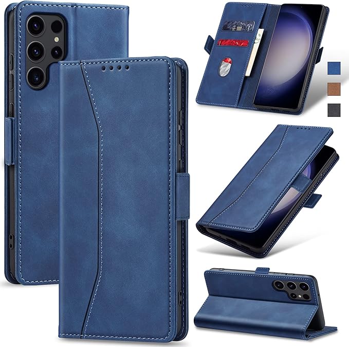 Jasonyu Flip Wallet Case for Samsung Galaxy S23 Ultra 5G,Leather Magnetic Folio Cover with Card Holder,Kickstand - TPU Shockproof Durable Protective Phone Case,Blue