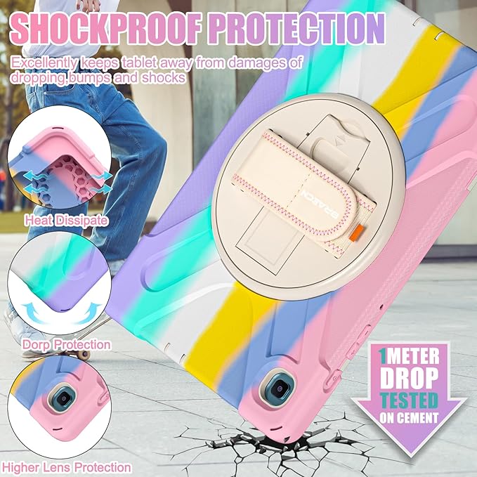 BRAECNstock Kids Case for Samsung Galaxy Tab S6 Lite 10.4 inch 2024/2022/2020 (SM-P620/P610/P619) with Pen Holder Rotating Hand Strap & Stand Shockproof Protective S6 Lite Tablet Case - Colorful Pink