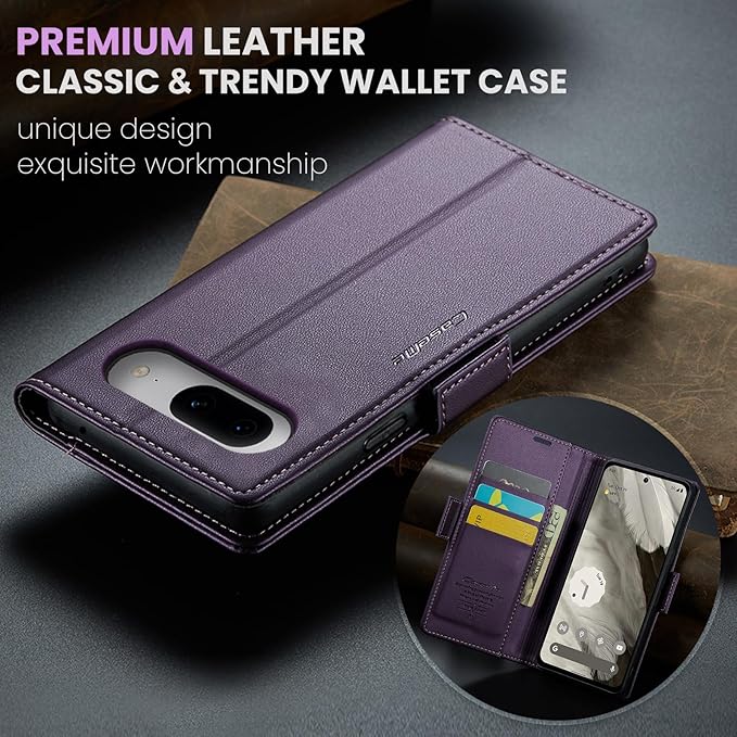 for Google Pixel 8 Case, Premium PU Leather Wallet Case Flip Cover with [RFID Blocking][Card Holder][Stand Function] Shockproof Protective for Google 8, Purple