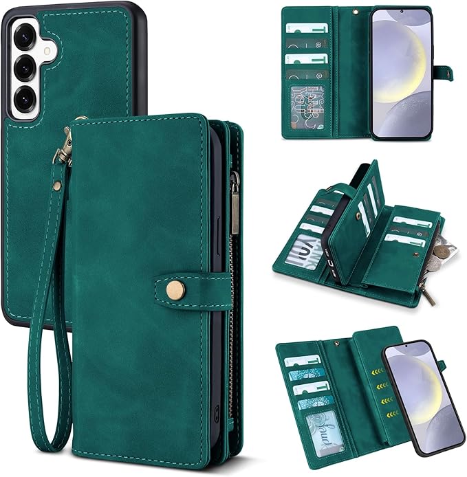 TwoHead for Samsung Galaxy S24 Plus Wallet Case with Card Holder,Detachable Magnetic Phone Case for Galaxy S24 Plus,PU Leather All-Round Protective Phone Cover Wallet with Strap(6.6 in,Green)