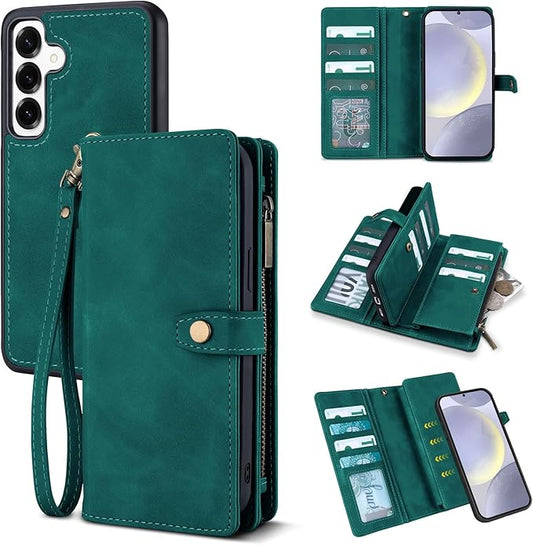 TwoHead for Samsung Galaxy S24 Plus Wallet Case with Card Holder,Detachable Magnetic Phone Case for Galaxy S24 Plus,PU Leather All-Round Protective Phone Cover Wallet with Strap(6.6 in,Green)
