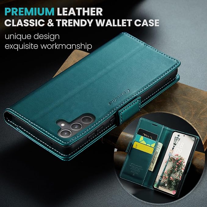 for Samsung Galaxy A55 5G Case, Premium PU Leather Wallet Case Flip Cover with [RFID Blocking][Card Holder][Stand Function] Shockproof Protective for Samsung Galaxy A55, Blue-Green