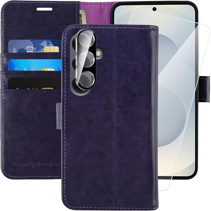 MONASAY Wallet Case Fit for Samsung Galaxy S25 5G, [Lens & Glass Screen Protector Included] [RFID Blocking] Flip Folio Leather Cell Phone Cover with Credit Card Holder, 6.2 inch, Purple