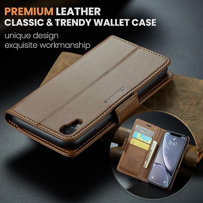 for iPhone XR Case, Premium PU Leather Wallet Case Flip Cover with [RFID Blocking][Card Holder][Stand Function] Shockproof Protective for Apple iPhone XR, Brown