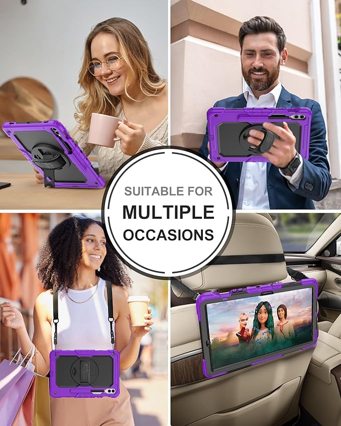 Case for Samsung Galaxy Tab S10 Plus/ S9 FE Plus/ S9 Plus 5G Tablet 12.4'', Shockproof Protective Cover with [Tempered Glass Screen Protector], Stand, Shoulder Strap & S Pen Holder (Purple)