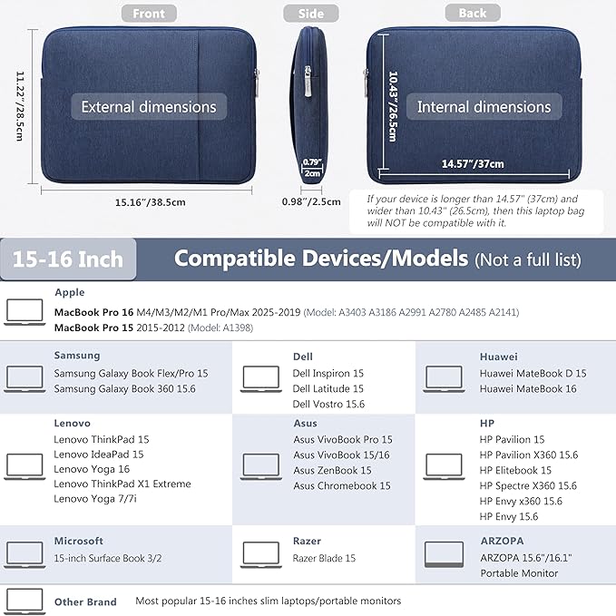 HYZUO 15-16 Inch Laptop Sleeve Bag Set for MacBook Pro 16 M4/M3/M2/M1 Pro/Max, 15" Surface Book, Notebook Case for 15" 15.6" HP Dell Lenovo ThinkBook Asus Acer Samsung Huawei, Navy Blue