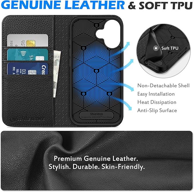 SHIELDON Case Wallet for iPhone 17 6.3 Inch 5G 2025 | Genuine Leather, Magnetic Closure, Kickstand, RFID Blocking Credit Card Holder, Foldable, Shockproof Phone Cover - Pebbled Black