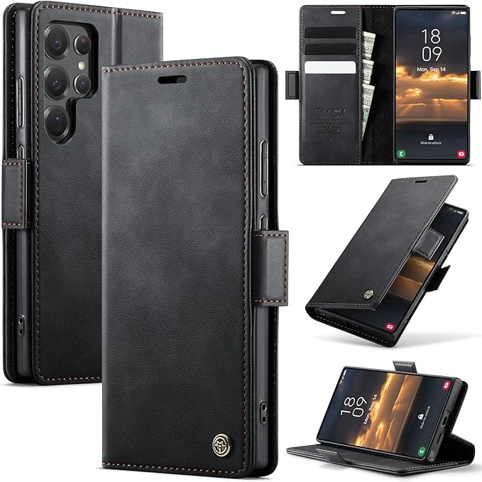 Wallet Case for Samsung Galaxy S22 Ultra Leather Wallet Flip Cover with Card Holder, Kickstand, Magnetic Closure, RFID Blocking TPU Shockproof Phone Case Compatible with S22 Ultra, Black