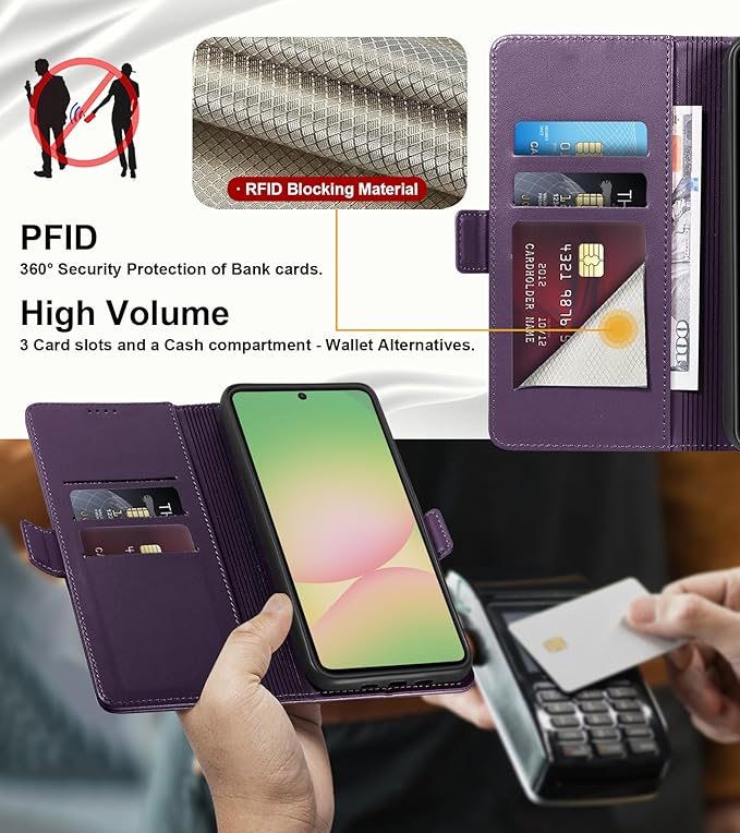 Wallet Flip Case for Samsung Galaxy A56 5G - [RFID Blocking] Luxury PU Leather Card Holder Magnetic Phone Cover with Kickstand,Shockproof Protective Case,Purple