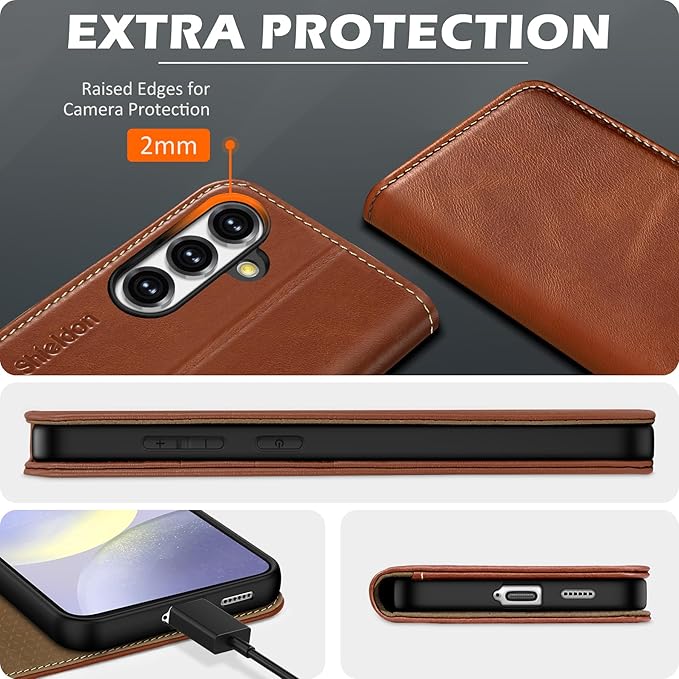 SHIELDON Case for Galaxy S25+ 6.7" 2025, Genuine Leather Flip Wallet Book Case Magnetic RFID Blocking Credit Card Holder Kickstand Shockproof Cover Compatible with Galaxy S25 Plus - Retro Brown