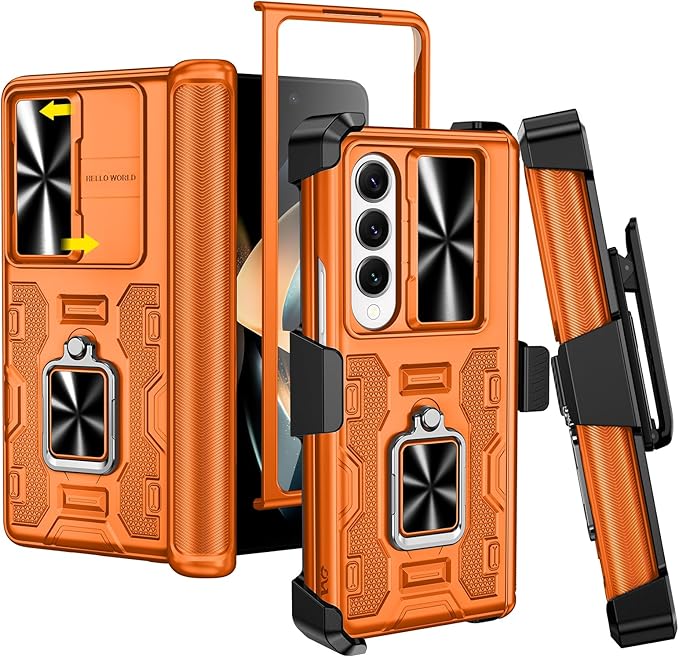 VEGO for Galaxy Z Fold 4 Case with Belt Clip Holster, 360°Ring Magnetic Kickstand & Camera Cover & Front Screen Protector, Hinge Protection Shockproof Armor Cover - Orange
