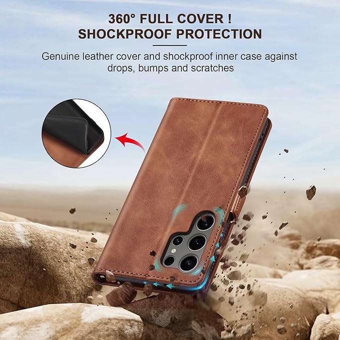 Jasonyu Flip Wallet Case for Samsung S24 Ultra 5G,Leather Magnetic Folio Cover with Card Holder,Kickstand - TPU Shockproof Durable Protective Phone Case,Brown