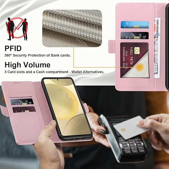 Wallet Flip Case for Samsung Galaxy S25 5G - [RFID Blocking] Luxury PU Leather Card Holder Magnetic Phone Cover with Kickstand,Shockproof Protective Case,Pink