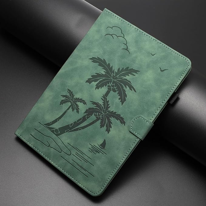 Case for Samsung Galaxy Tab A9 Plus 11 Inch 2023 2024 SM-X210/X216/X218, PU Suede Leather Stand, Coconut Tree Embossed Cover with Card Holder & Auto Sleep/Wake, Green