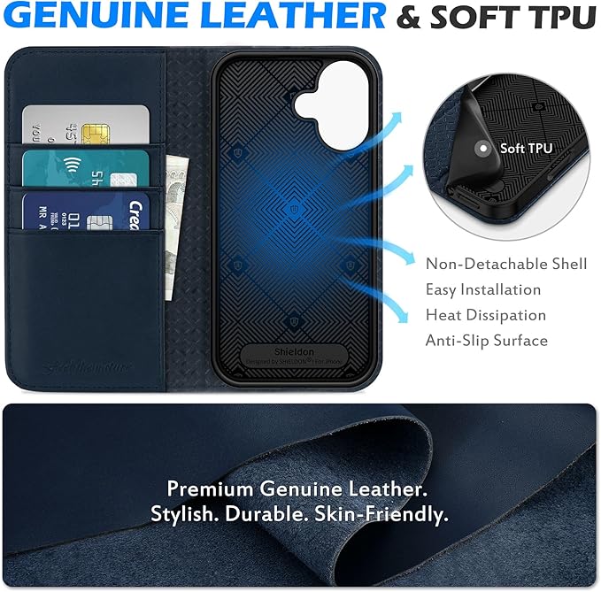 SHIELDON Case for iPhone 16 6.1" 2024, Genuine Leather Folio Wallet Magnetic Closure Kickstand RFID Blocking Card Slots Full Protection Cover Compatible with iPhone 16 5G - Nappa Navy Blue