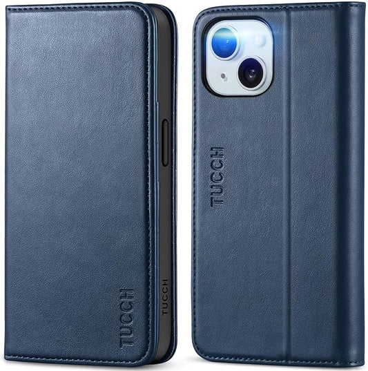 TUCCH Wallet Case for iPhone 15 5G, PU Leather Folio Case with [RFID Blocking] [3 Card Slot], Kickstand Book Design [Shockproof TPU Interior Case] Compatible with iPhone 15 6.1-inch 2023, Dark Blue