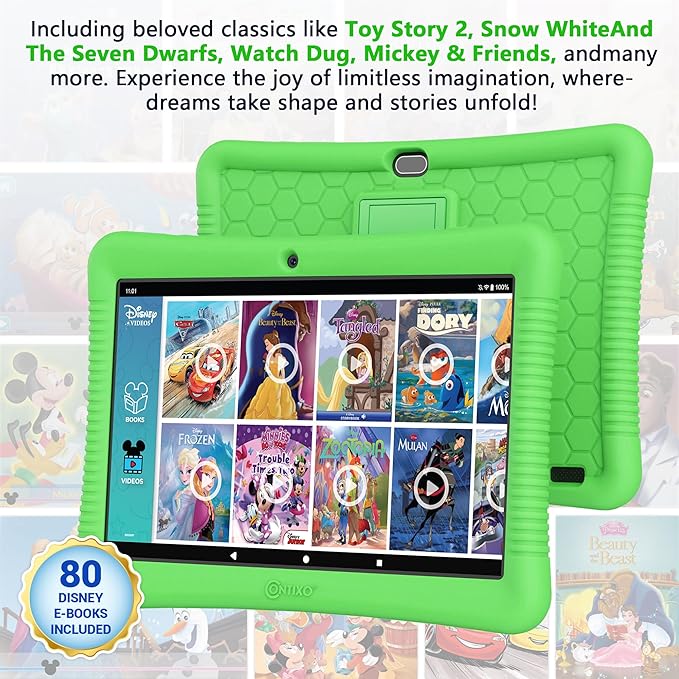 Contixo 10-Inch Kids Tablet - Ages 3-12, 80 Disney eBooks ($350 Value), 32GB Storage, Android, Parental Controls, Silicone Case w/Kickstand, STEM Learning Tablet for Older Kids - Green