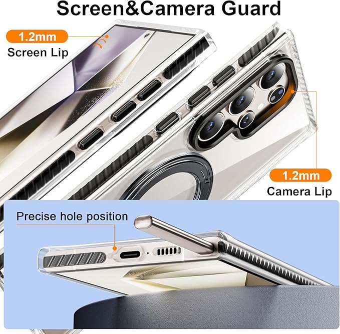 for Samsung Galaxy S24 Ultra Case,Compatible with Magsafe,with 360°Rotatable Magnetic Ring Stand [Wireless Charging], Clear Slim Soft Edge Phone Kickstand,Clear & Black