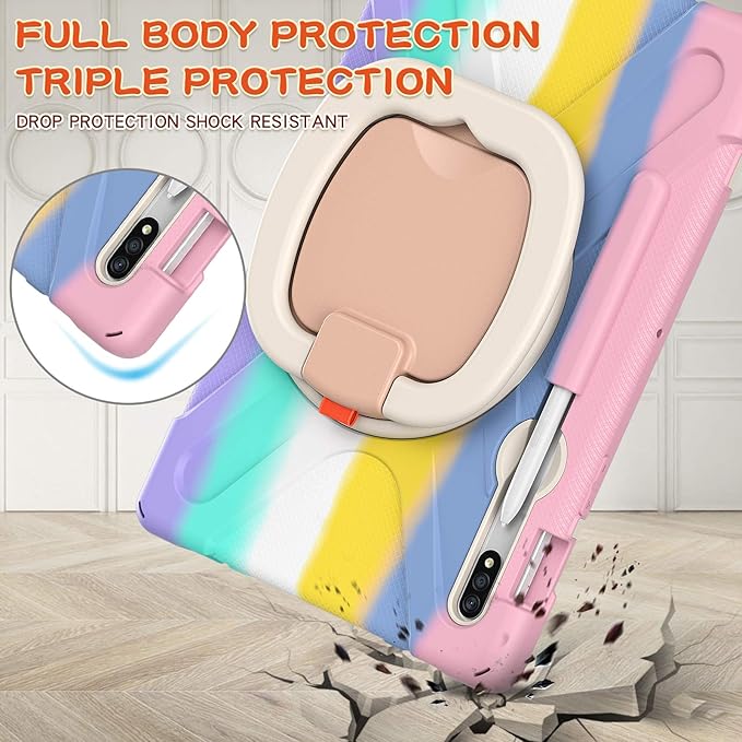 Samsung Galaxy Tab S8 11" / S7 11" 360 Rotation Case with S Pen Holder, Rugged Rotating Stand, Hand & Shoulder Strap, Outdoor Cover (Colourful Pink)