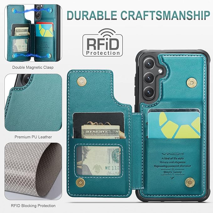 Vinich for Samsung Galaxy S24 Wallet Case with Card Holder, RFID Blocking Credit Slots Kickstand Shockproof Phone Cover for Women Men, Bluish Green