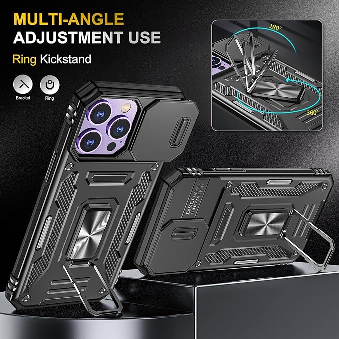 Case for iPhone 14 Pro Max Phone Case with Camera Cover, with Ring Holder Kickstand, with Magnetic Car Mount Function, for iPhone 14 Pro Max (Black)