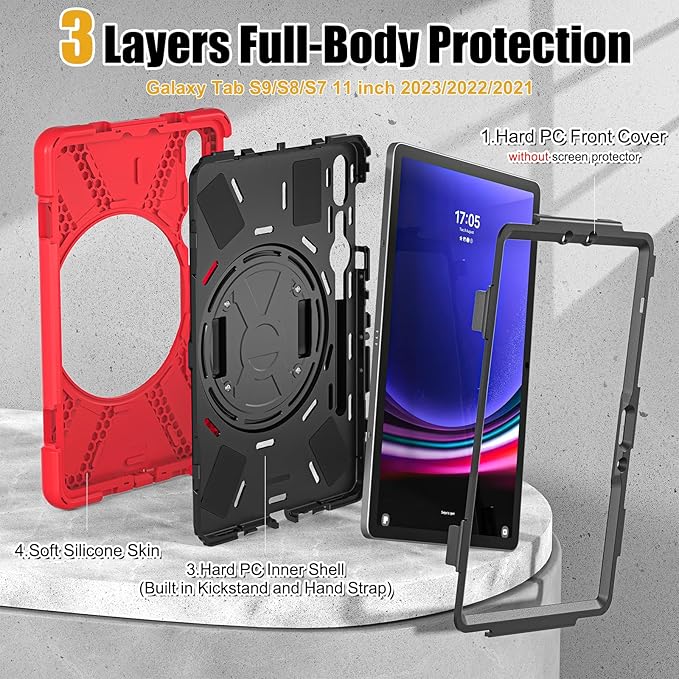 BRAECNstock for Samsung Galaxy Tab S10 Lite/ S10 FE/ S9 FE/ S9/ S8/ S7 5G Case 10.9"/ 11", Shockproof Protective Kids Case with Pencil Holder, Rotating Hand Strap & Stand, Shoulder Strap, Red