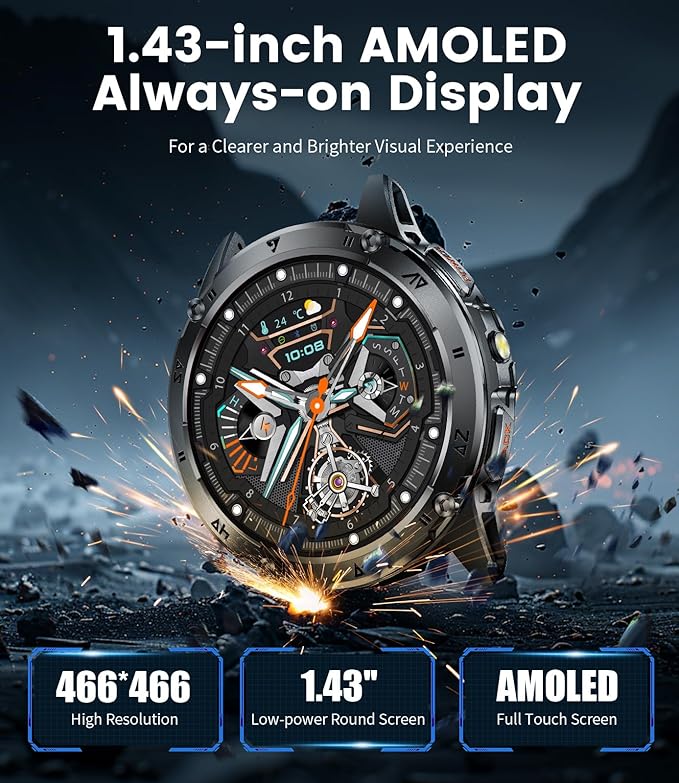 Military Smart Watches for Men ,530mAh Large Battery,1.43"AMOLED Heart Rate/SpO2/Sleep Monitor 5ATM Waterproof Smartwatch for Android iOS (Answer/Make Calls),Fitness Tracker with LED Flashlight