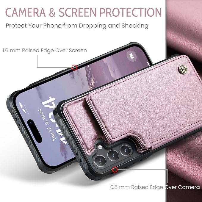 Vinich for Samsung Galaxy S24 FE Wallet Case with Card Holder, RFID Blocking Credit Slots Kickstand Shockproof Phone Cover for Women Men, Pink