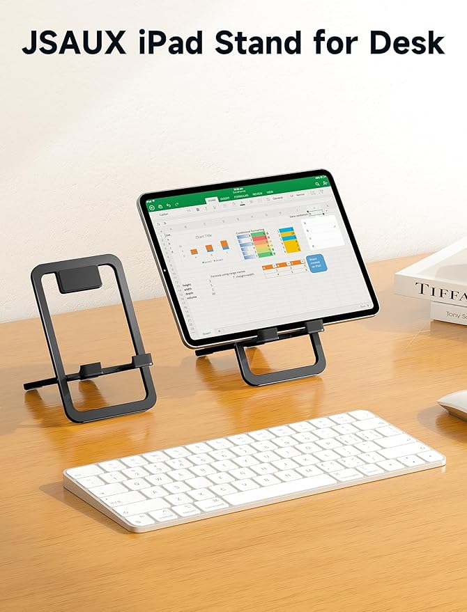 JSAUX Universal Tablet Stand, Portable Foldable Tablet Holder for Desk Compatible with iPad mini/Air, Samsung Galaxy Tab, Kindle Fire, ROG Ally, iPhone and Other Tablets-Black