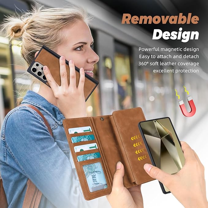TwoHead for Samsung Galaxy S24 Ultra Wallet Case with Card Holder & Detachable Magnetic Phone Case for Galaxy S24 Ultra,PU Leather Shockproof Protective Phone Cover Wallet(6.8 in,Brown)