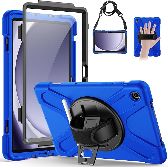 Gerutek Case for Samsung Galaxy Tab A9+/ A9 Plus Case 11" 2023, Full-Body Drop Protection Shockproof Cover with Screen Protector, 360° Rotating Stand, Hand/Shoulder Strap, Pencil Holder, Blue