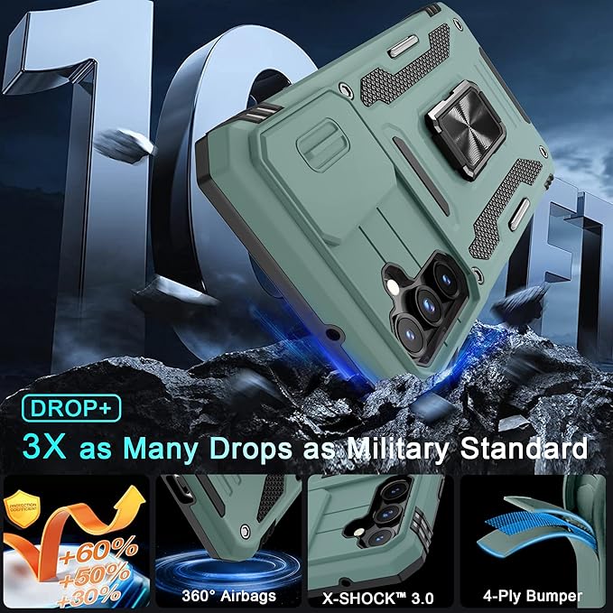 DEERLAMN Case for Samsung Galaxy S23 FE 6.4-Inch with Slide Camera Cover+Screen Protector(1 Pack),Rotated Ring Kickstand Military Grade Shockproof Protective Cover-Green