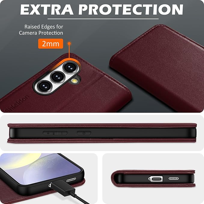 SHIELDON Case for Galaxy S25+ Plus 6.7", Genuine Leather Wallet Flip Magnetic Cover RFID Blocking Credit Card Slot Kickstand Shockproof Protective Case Compatible with Galaxy S25+ - Nappa Wine Red
