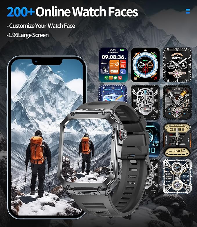 LIGE Military Smart Watches for Men, 1.96'' HD Screen with Answer Make Call Smart Watch for iOS Android, Fitness Tracker with Heart Rate/Blood Pressure/Sleep Monitor, 5ATM Waterproof(2 Silione Straps)