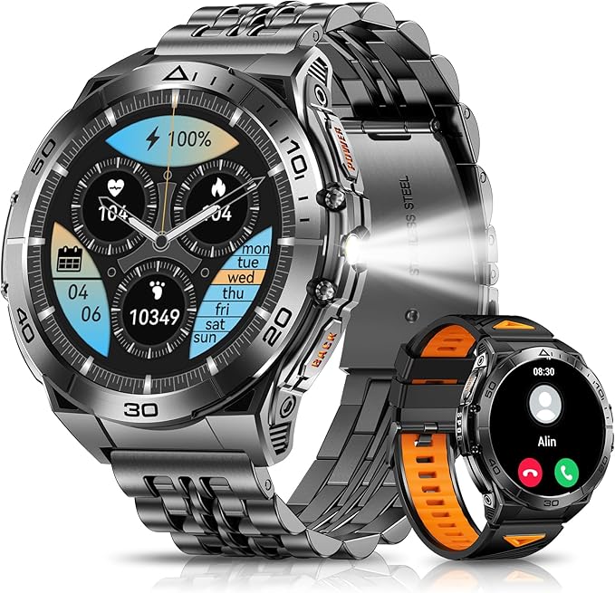 Military Smart Watches for Men with Bluetooth Call, 1.6" AMOLED Waterproof Smartwatch with Flashlight, 116 Sport Modes, 600mAh Heart Rate/SpO2/Sleep Monitor Fitness Tracker for Android iOS