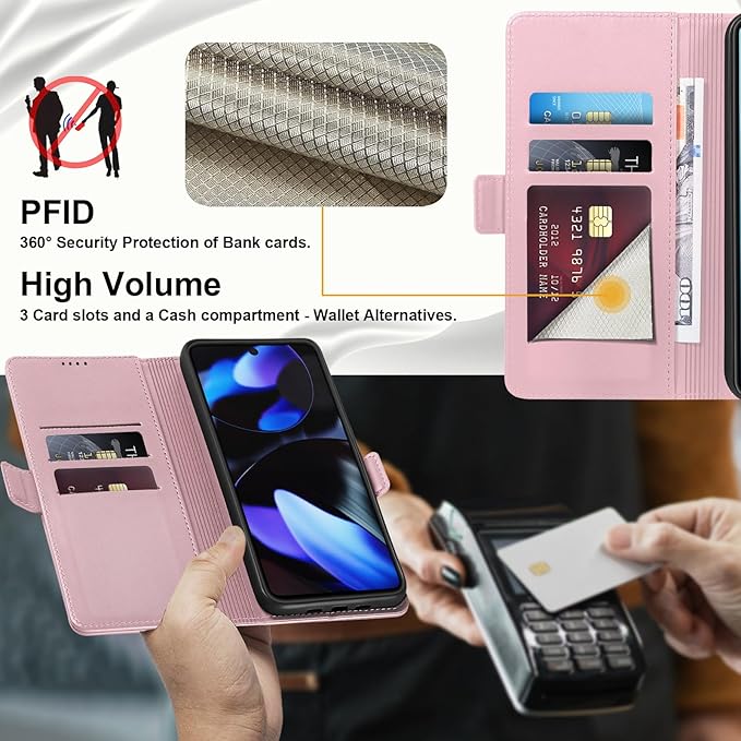 Wallet Flip Case for Google Pixel 9/9 Pro - [RFID Blocking] Luxury PU Leather Card Holder Magnetic Phone Cover with Kickstand,Shockproof Protective Case,Pink